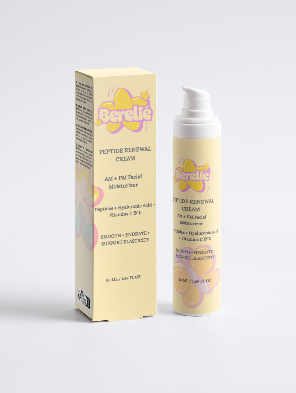 A skincare product set featuring a cream bottle and its matching outer box, both in a pale yellow color with pink and orange abstract shapes and the brand name 'Berelie'.