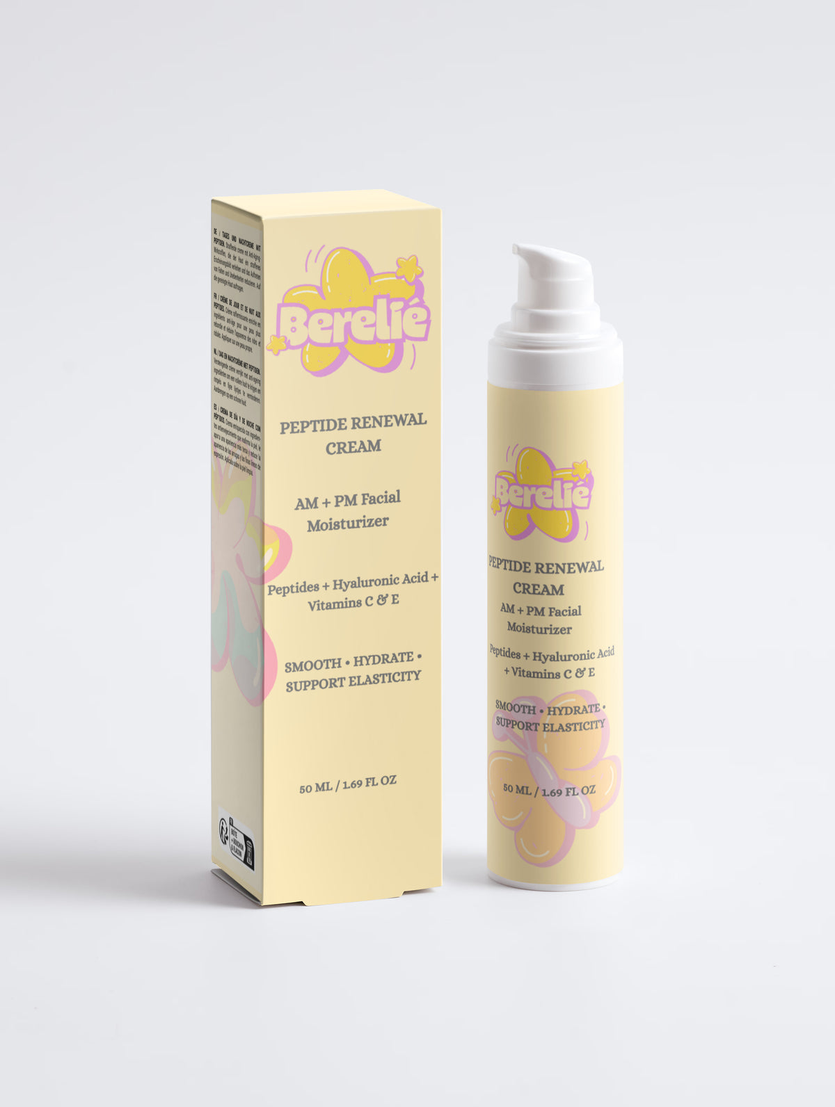 A skincare product set featuring a cream bottle and its matching outer box, both in a pale yellow color with pink and orange abstract shapes and the brand name 'Berelie'.